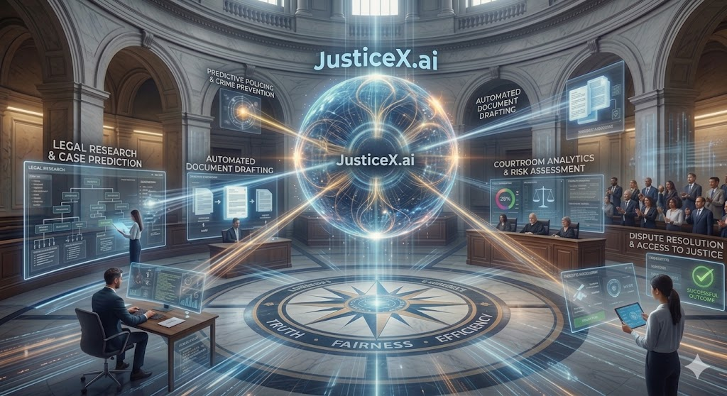 The JusticeX.ai Framework — seven stages organized around Truth, Fairness, and Efficiency